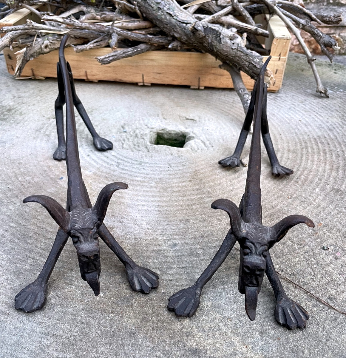 Pair Of Wrought Iron Andirons - Stylized Dogs