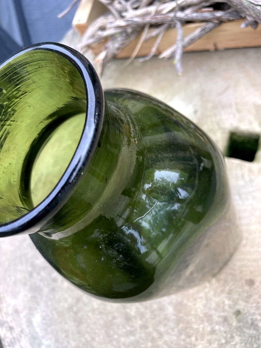 Large Antique Bottle In Olive Green Blown Glass-photo-4