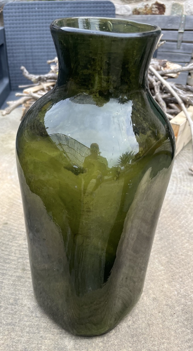 Large Antique Bottle In Olive Green Blown Glass-photo-3