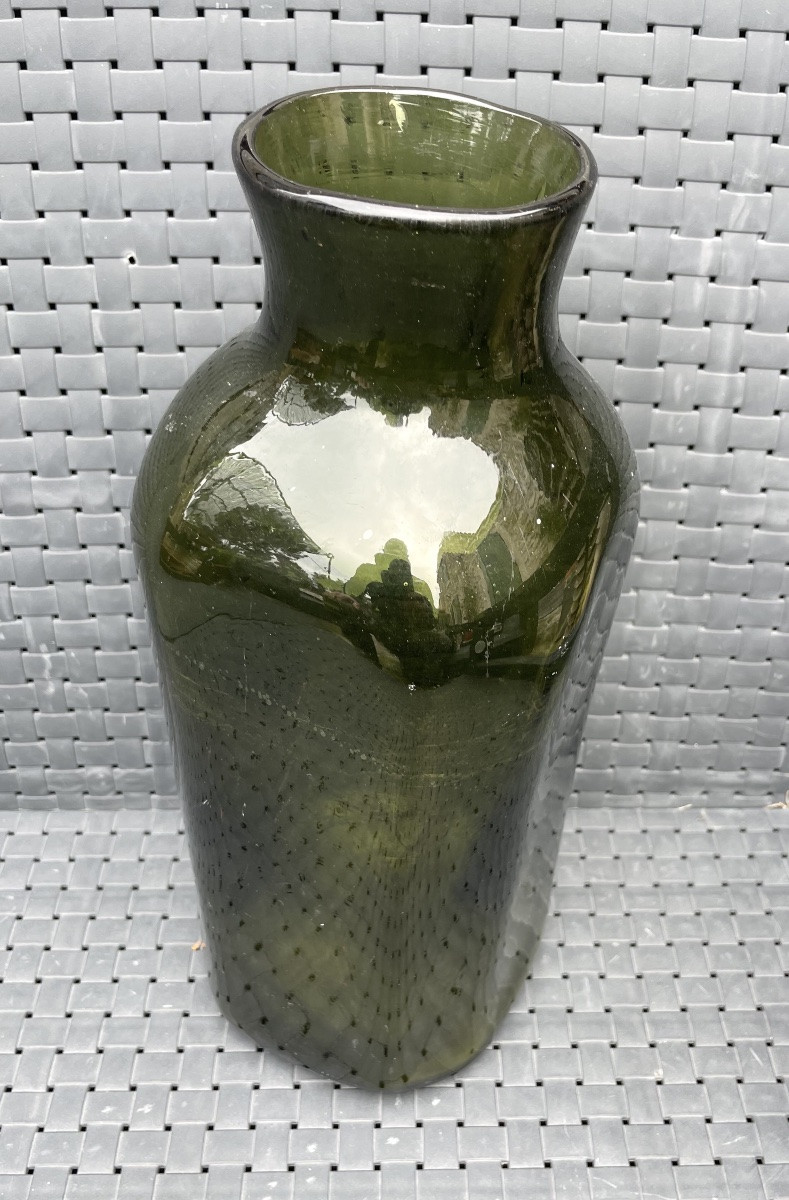 Large Antique Bottle In Olive Green Blown Glass-photo-5