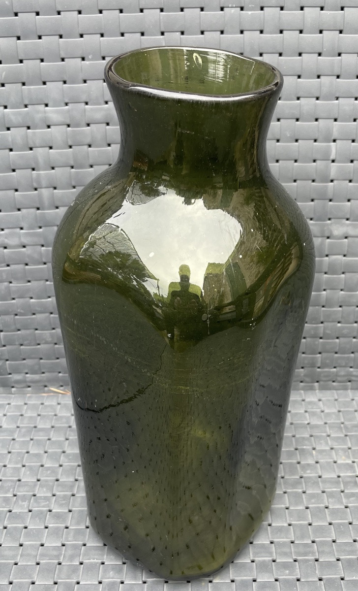 Large Antique Bottle In Olive Green Blown Glass-photo-6