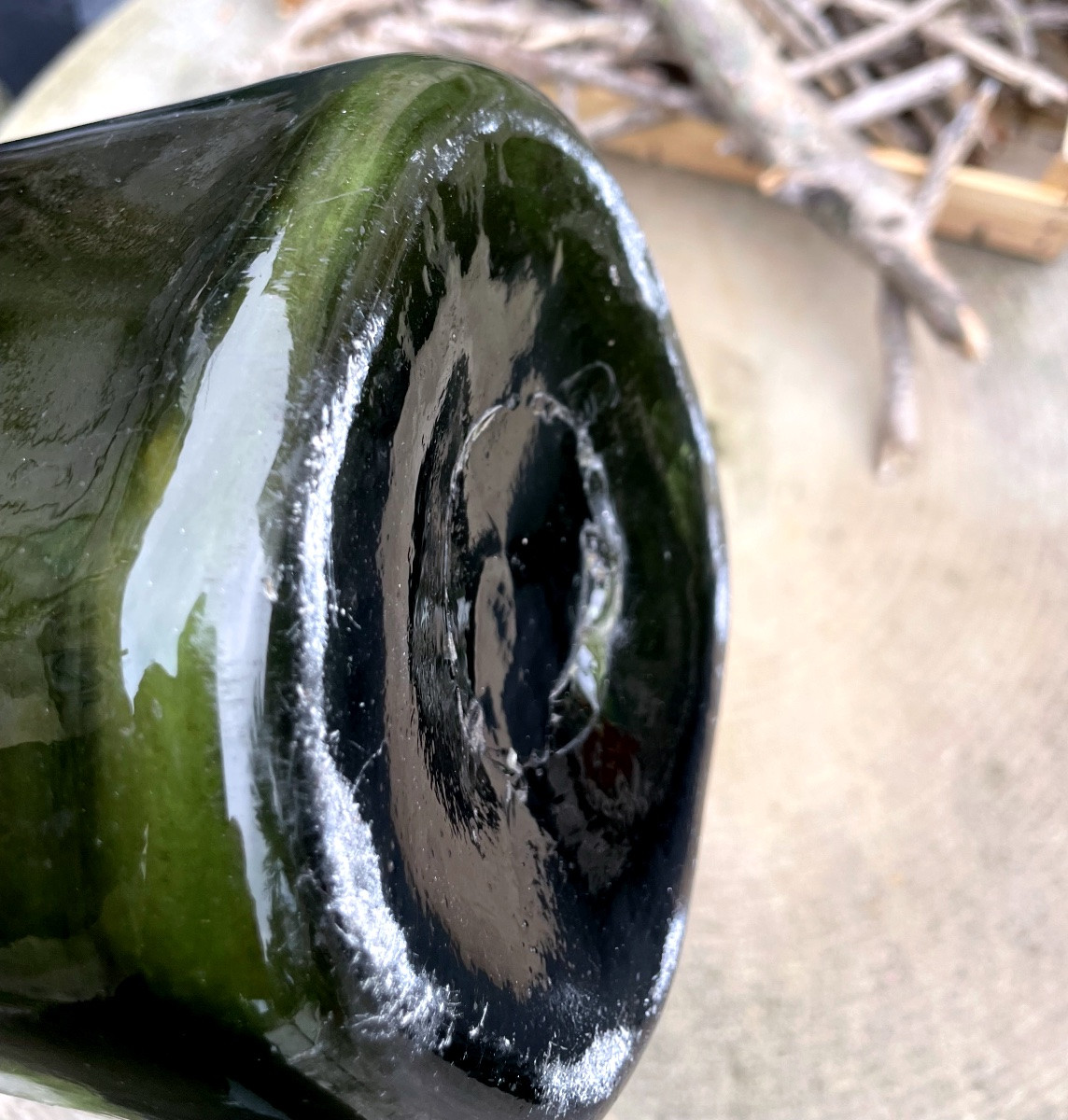 Large Antique Bottle In Olive Green Blown Glass-photo-7