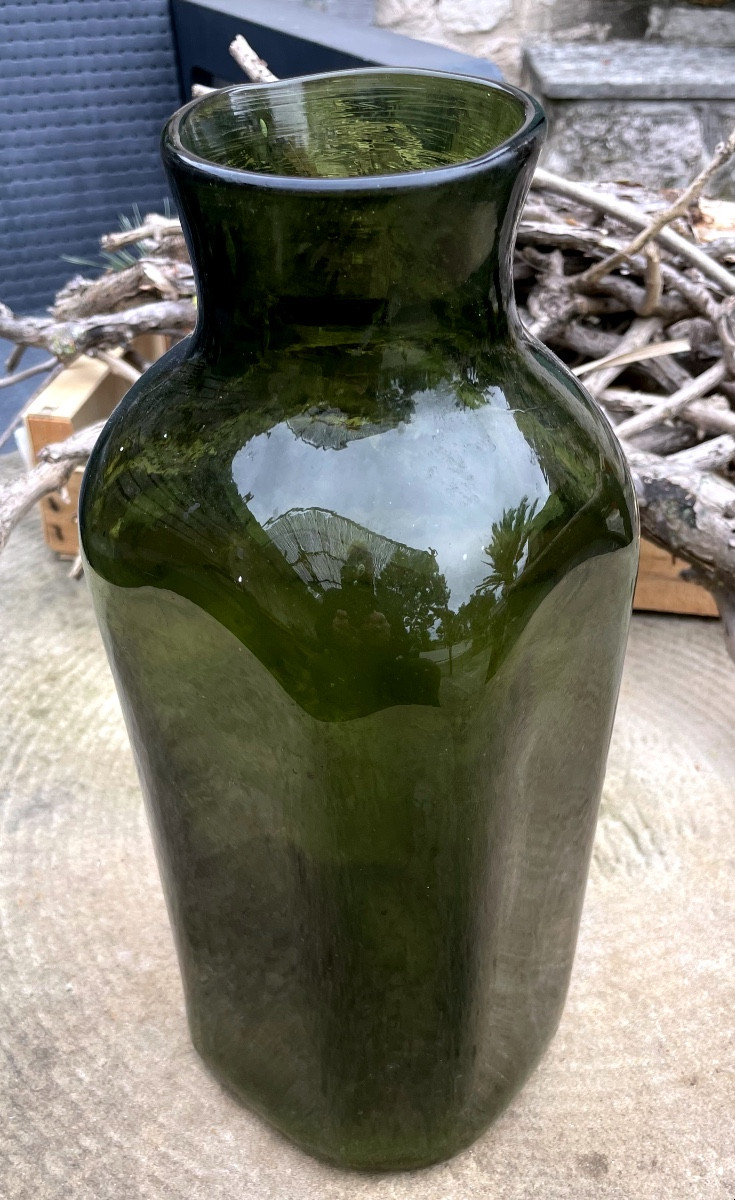 Large Antique Bottle In Olive Green Blown Glass