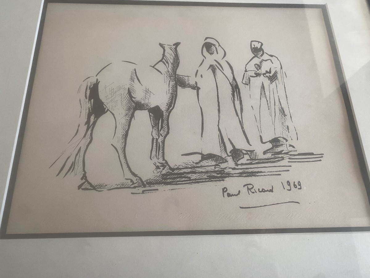 Ink Drawing On Paper By Paul Ricard (1909-1997), Dated 1969, Depicting Oriental Figures-photo-2