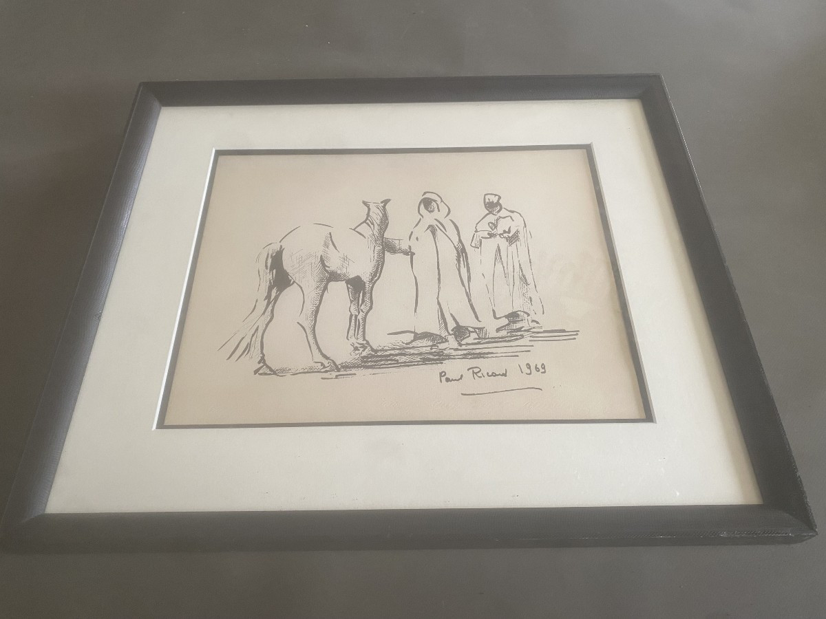 Ink Drawing On Paper By Paul Ricard (1909-1997), Dated 1969, Depicting Oriental Figures-photo-1