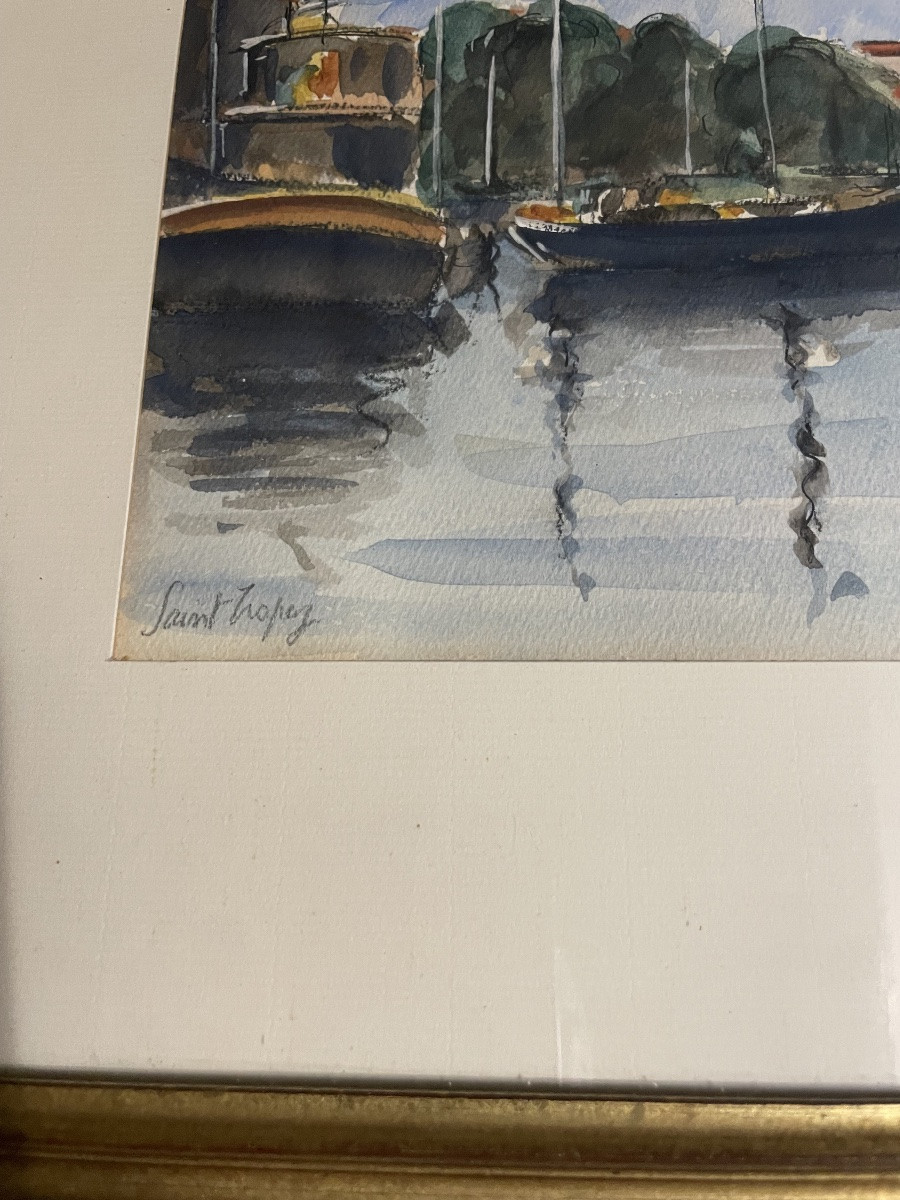 Watercolor Of The Port Of St Tropez, Mid-20th Century-photo-3