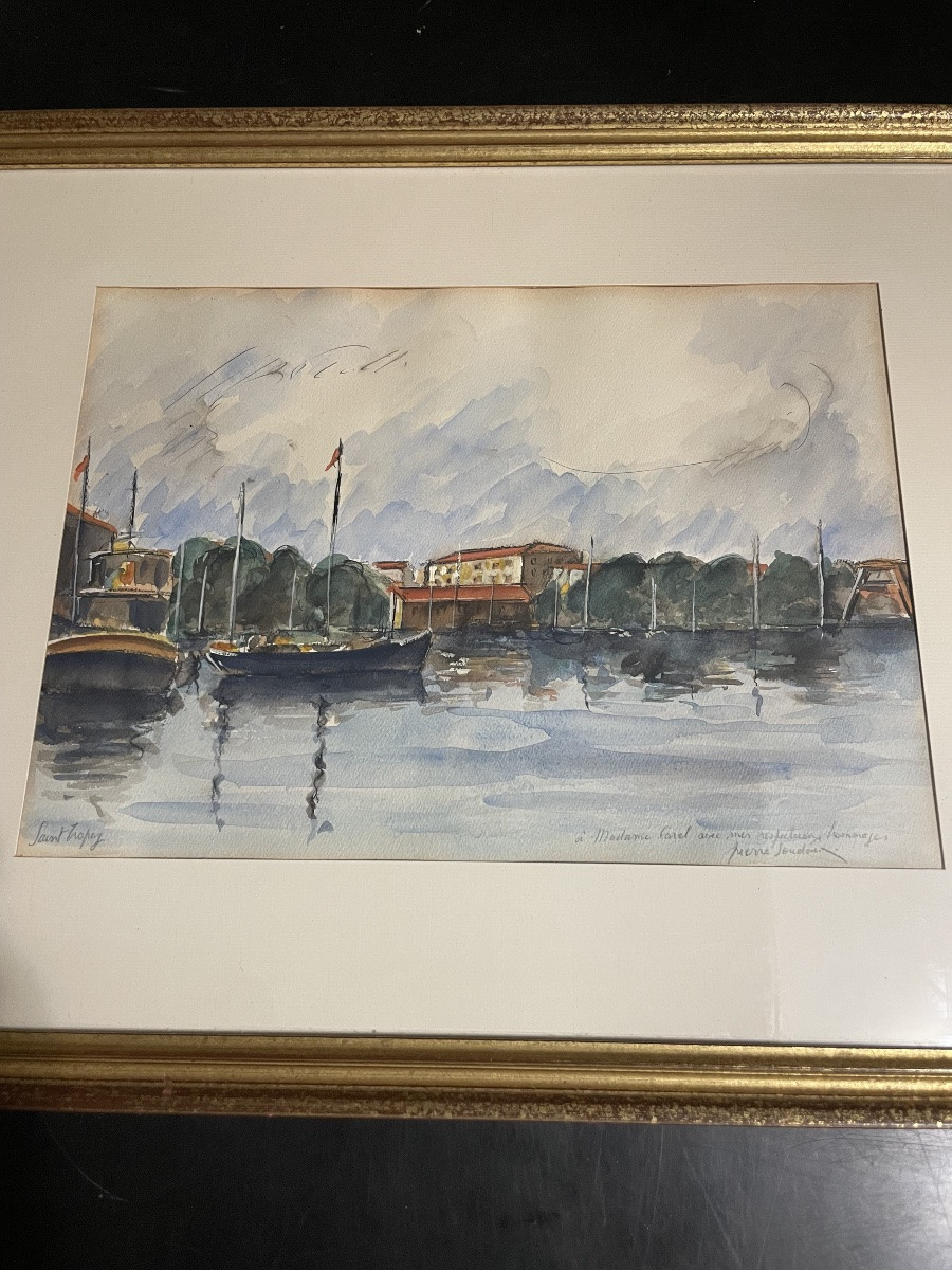 Watercolor Of The Port Of St Tropez, Mid-20th Century-photo-5