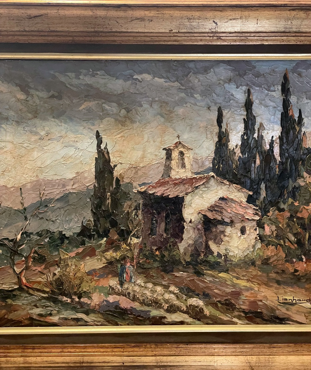 Huile au couteau – paysage provençal – signé Lienhard, 1964-photo-2
