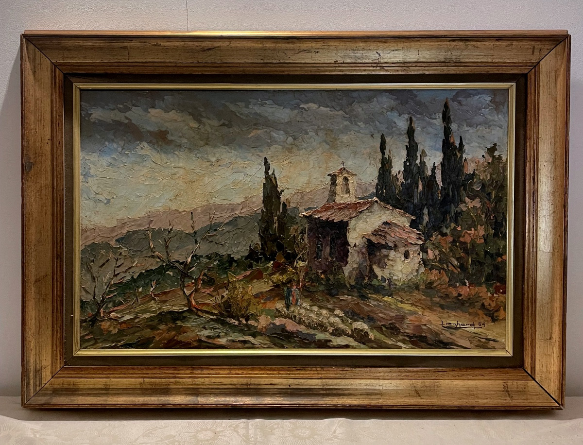 Huile au couteau – paysage provençal – signé Lienhard, 1964