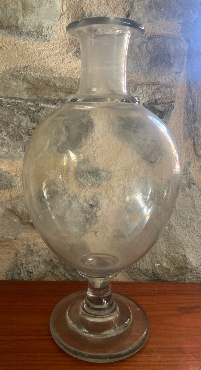 Grand flacon d’apothicaire XIXe en verre soufflé – superbe présence, pontil visible