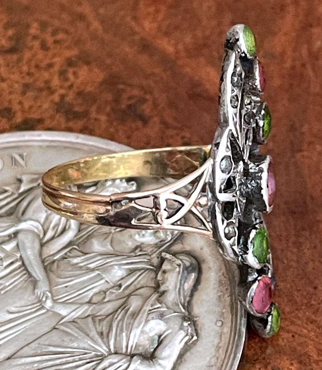 Antique Gold And Silver Suffragette Ring – Amethyst, Peridot, And Diamonds – England, Circa 190-photo-3