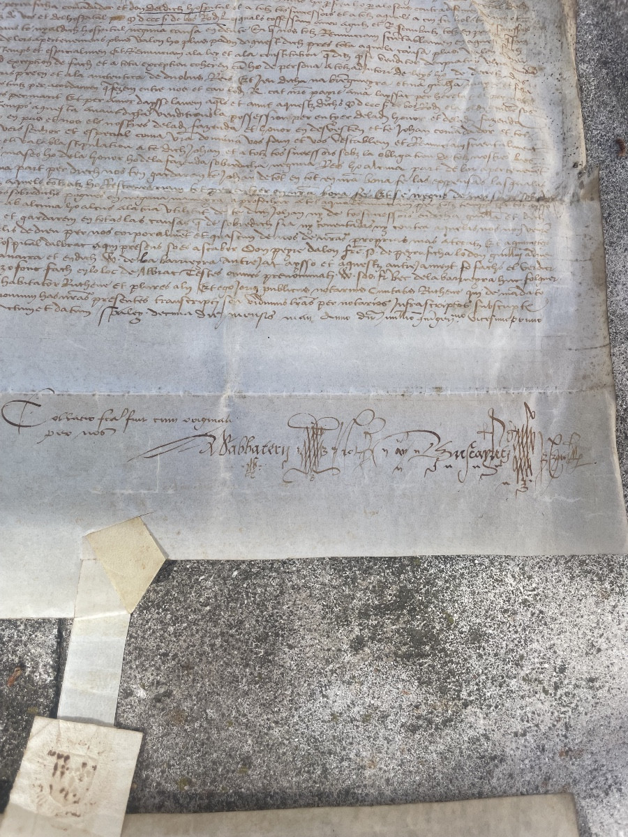 Ensemble de deux parchemins médiévaux – Bellignat & Oyonnax (Ain) – Transaction juridique datée-photo-4