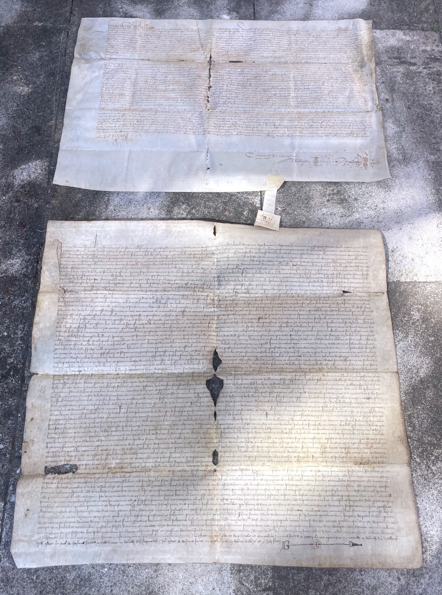 Ensemble de deux parchemins médiévaux – Bellignat & Oyonnax (Ain) – Transaction juridique datée