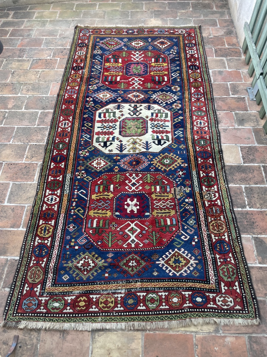 Tapis caucasien Kazak ancien noué main – 260 × 125 cm – Très bel état-photo-3