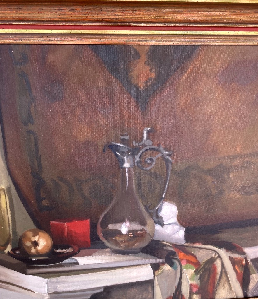 American Still Life With A Glass Pitcher – Oil On Canvas – Circa 1960–1970-photo-3