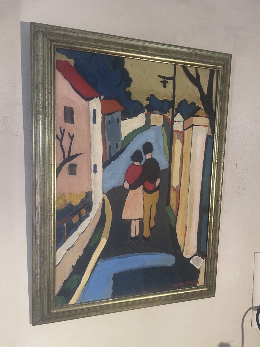 Henri AUTRAN (1926-2007) – Huile sur isorel, Couple dans une rue de village provençal – 60 × 40-photo-4