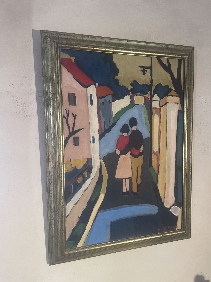Henri AUTRAN (1926-2007) – Huile sur isorel, Couple dans une rue de village provençal – 60 × 40-photo-5