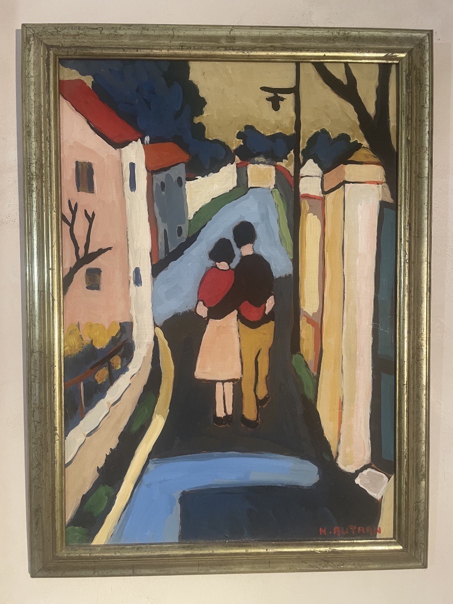 Henri AUTRAN (1926-2007) – Huile sur isorel, Couple dans une rue de village provençal – 60 × 40