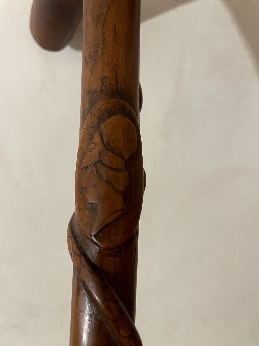 Carved, Single-piece Walking Stick With Animal And Figure Motifs – Snake And Dog's Head – -photo-2
