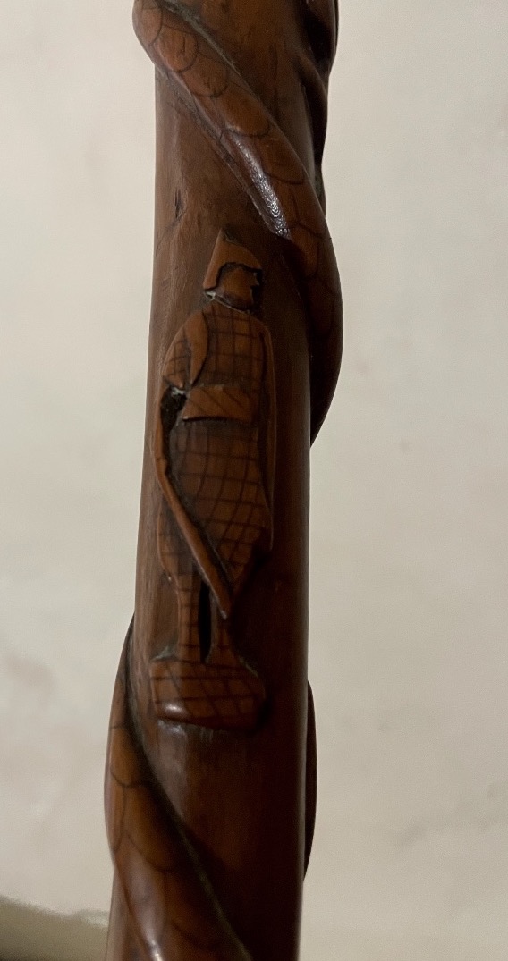 Carved, Single-piece Walking Stick With Animal And Figure Motifs – Snake And Dog's Head – -photo-2