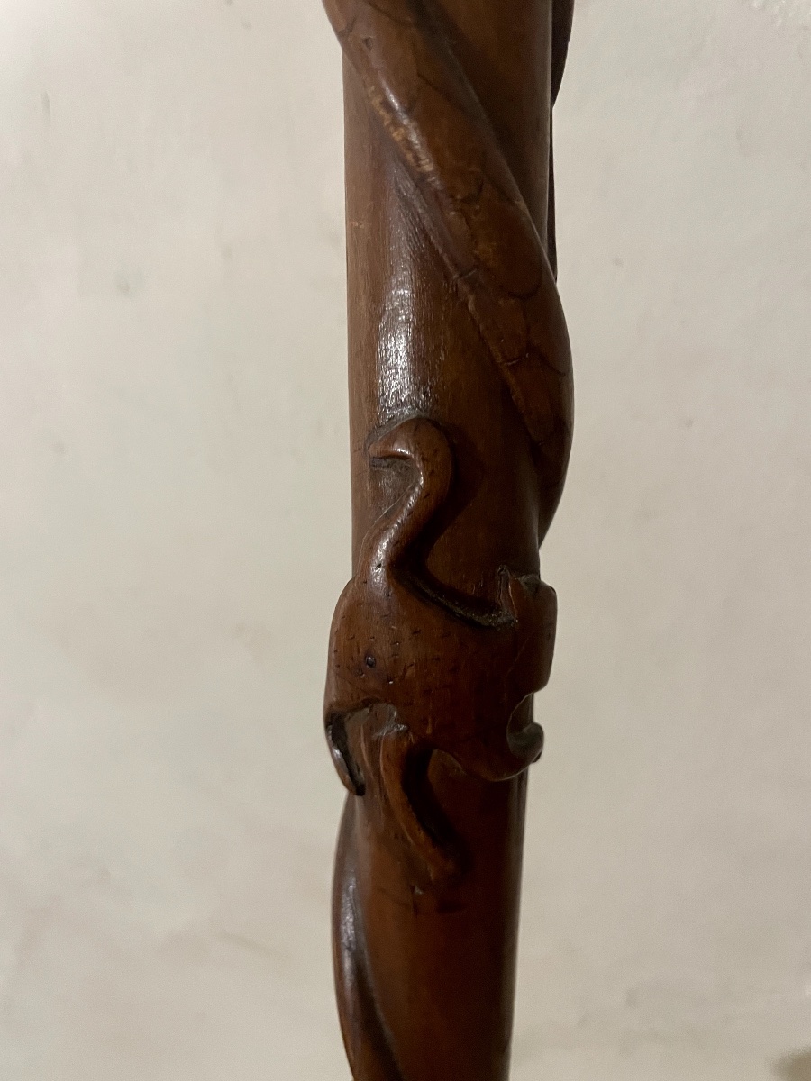Carved, Single-piece Walking Stick With Animal And Figure Motifs – Snake And Dog's Head – -photo-3