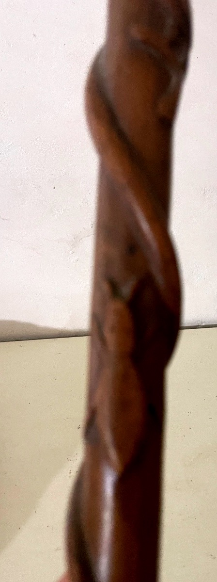 Carved, Single-piece Walking Stick With Animal And Figure Motifs – Snake And Dog's Head – -photo-4