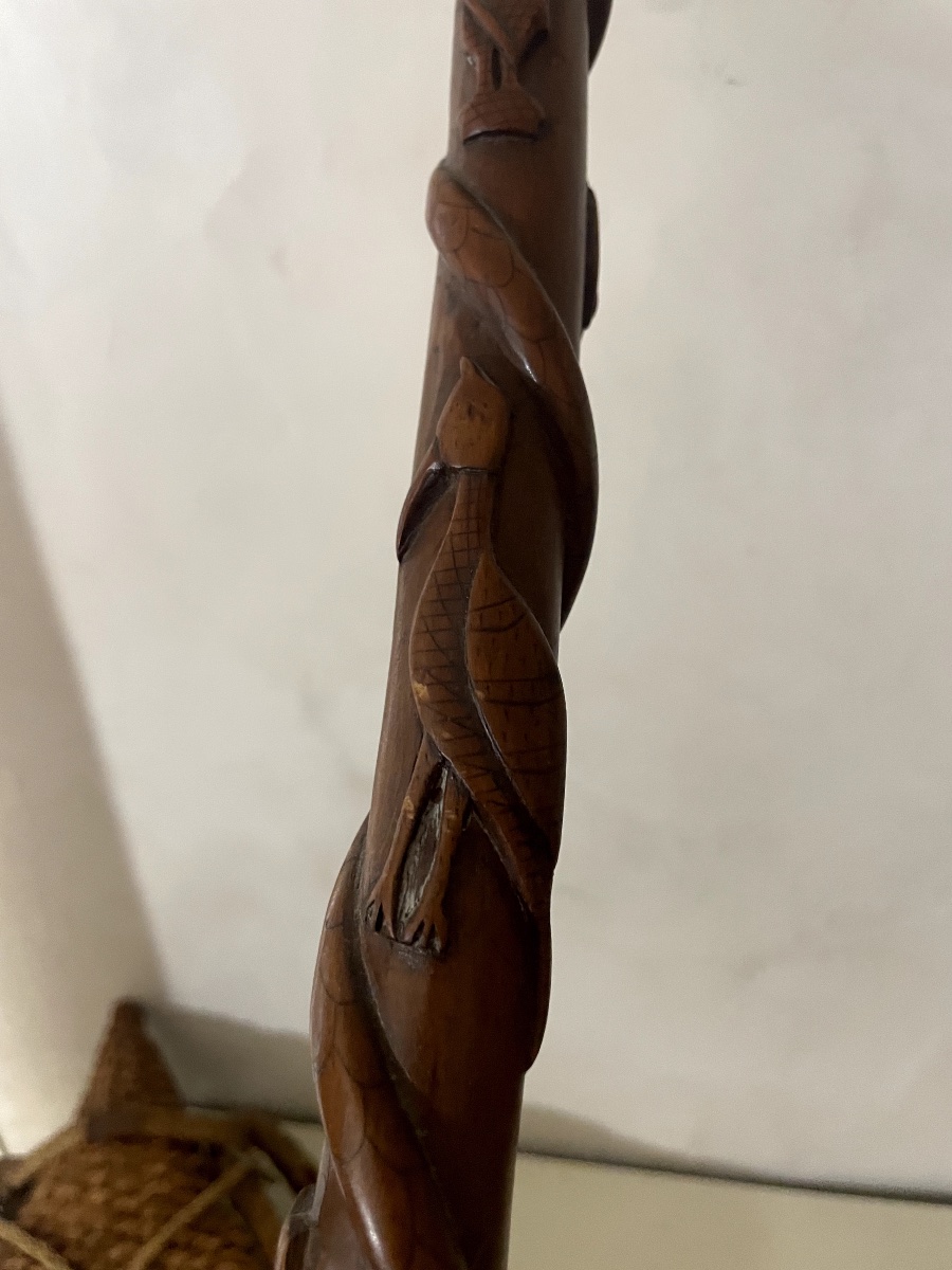 Carved, Single-piece Walking Stick With Animal And Figure Motifs – Snake And Dog's Head – -photo-5