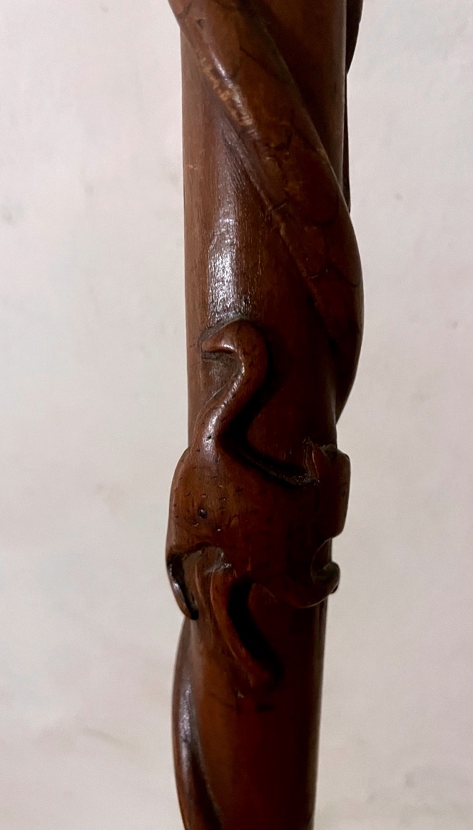Carved, Single-piece Walking Stick With Animal And Figure Motifs – Snake And Dog's Head – -photo-6