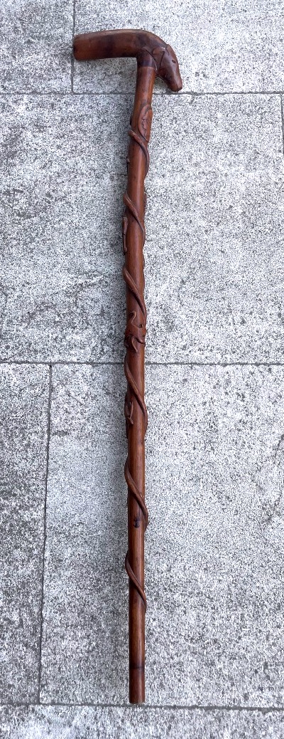 Carved, Single-piece Walking Stick With Animal And Figure Motifs – Snake And Dog's Head – 