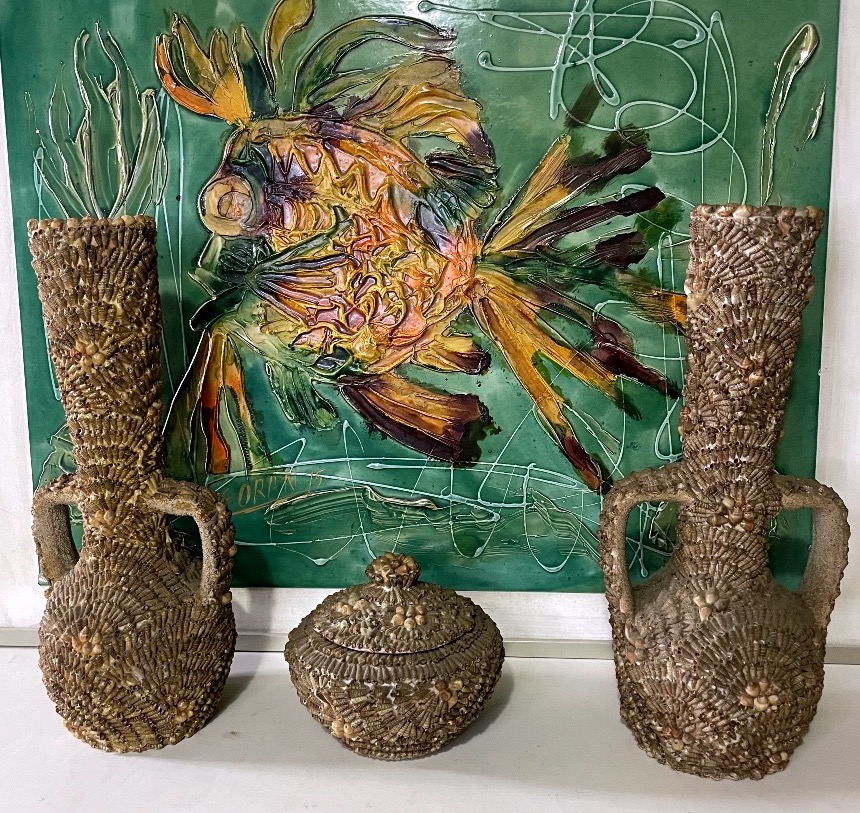 Three-piece Set In Terracotta And Shells – Maritime Folk Art – 20th Century-photo-2