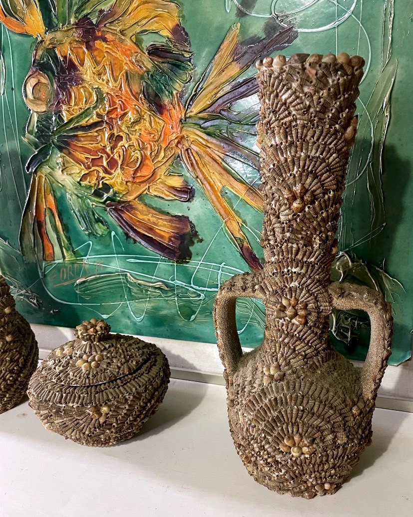 Three-piece Set In Terracotta And Shells – Maritime Folk Art – 20th Century-photo-3