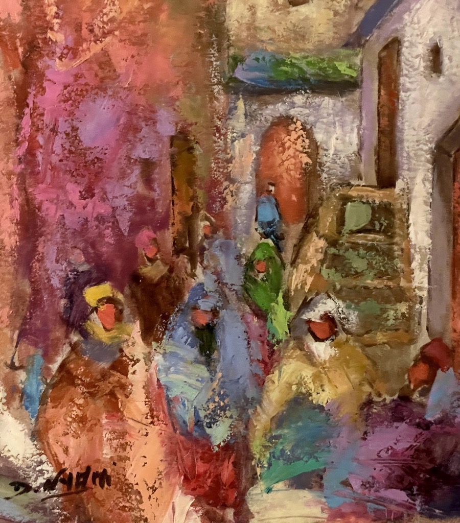 Paire de gouaches et aquarelles marocaines – Scène équestre et scène de rue – Signées-photo-2