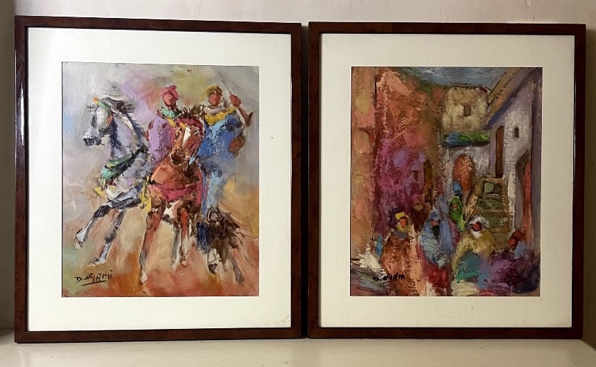 Paire de gouaches et aquarelles marocaines – Scène équestre et scène de rue – Signées-photo-4
