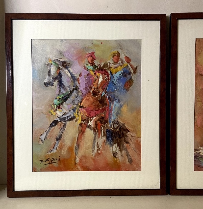 Paire de gouaches et aquarelles marocaines – Scène équestre et scène de rue – Signées-photo-3