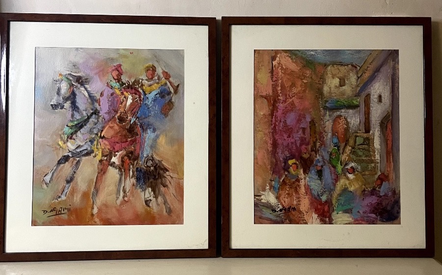 Paire de gouaches et aquarelles marocaines – Scène équestre et scène de rue – Signées