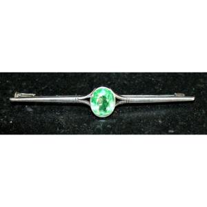 Broche Art Déco En Argent Et Tourmaline Verte 