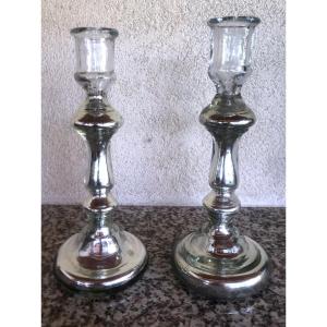 Pair Of Candlesticks In Eglomised Glass