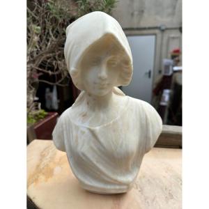 Buste De Jeune Femme Au Foulard En Marbre Blanc De Carrare  S Igné De Pugi Sculpteur Italien 