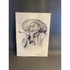 Drawing On Canvas Of An Old Asian Man With A Pipe