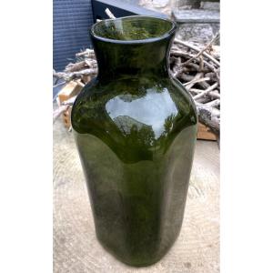 Large Antique Bottle In Olive Green Blown Glass