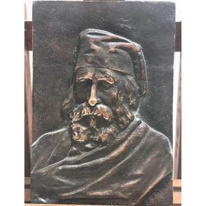 Antique Bronze Plaque Of Giuseppe Garibaldi, Signed Rj Anfosso – 19th Century
