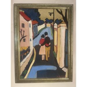 Henri Autran (1926–2007) – Oil On Hardboard, Couple On A Street In A Provençal Village – 60/40