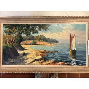 huile sur toile, marine Provençale des années 20 / 30 par le peintre Louis Andréy