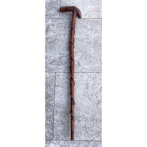 Carved, Single-piece Walking Stick With Animal And Figure Motifs – Snake And Dog's Head –