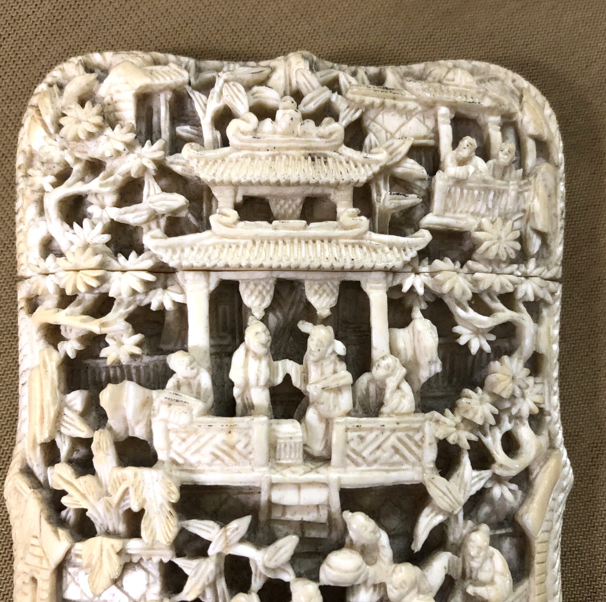 Ancien étui à tablette / porte carte en ivoire sculpté de Canton XIX ème Chine Canton-photo-2