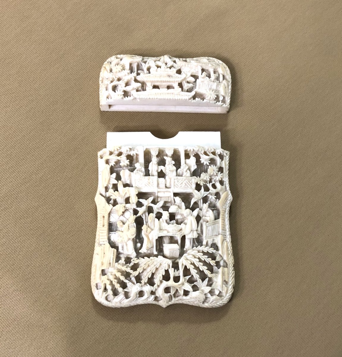 Ancien étui à tablette / porte carte en ivoire sculpté de Canton XIX ème Chine Canton-photo-2