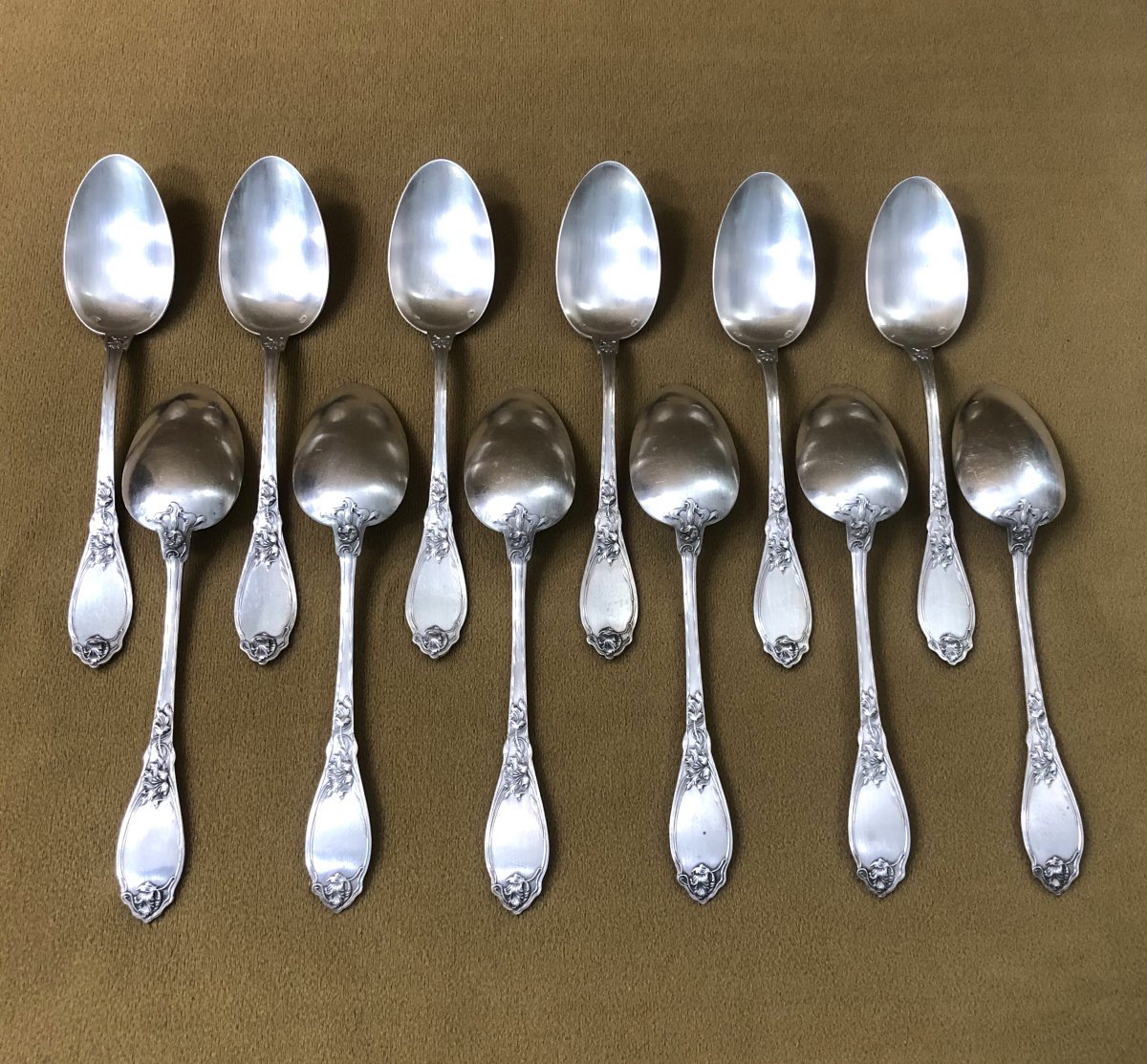 Ménagère de 12 couverts à dessert ART NOUVEAU en argent massif MINERVE par MAILLARD et VAZOU-photo-4
