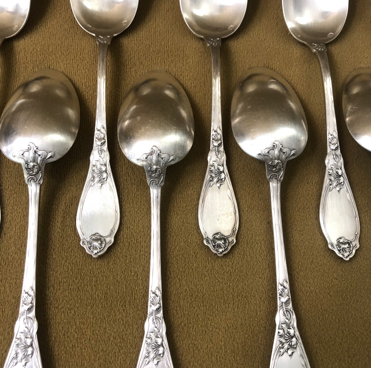 Ménagère de 12 couverts à dessert ART NOUVEAU en argent massif MINERVE par MAILLARD et VAZOU-photo-5