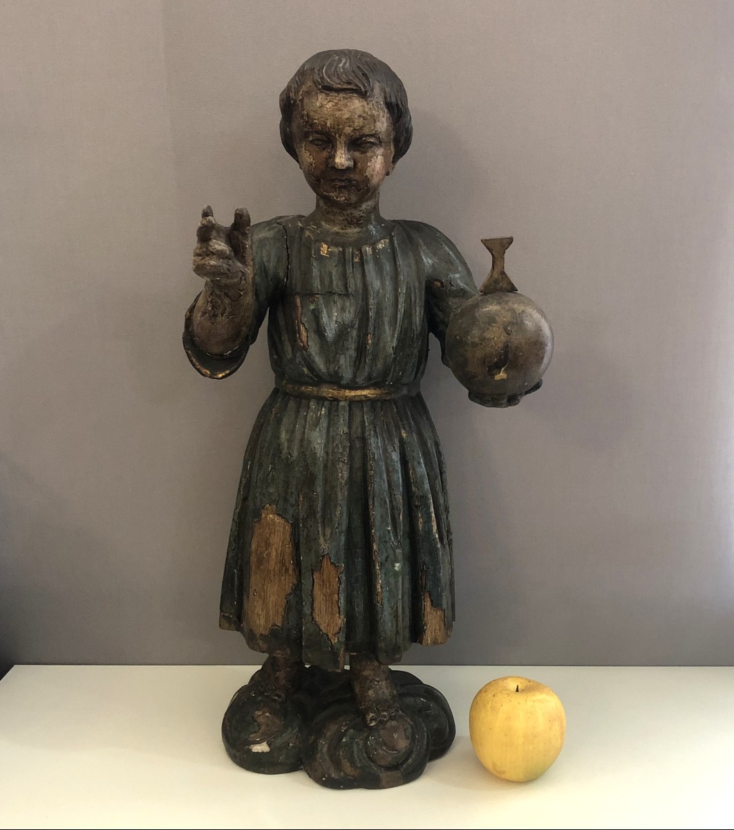 Ancienne sculpture polychrome XVIII ème - statue en bois sculpté ENFANT JESUS DE PRAGUE 50 cm-photo-4