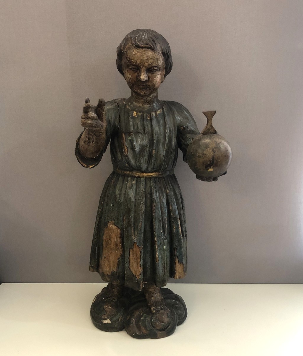 Ancienne sculpture polychrome XVIII ème - statue en bois sculpté ENFANT JESUS DE PRAGUE 50 cm